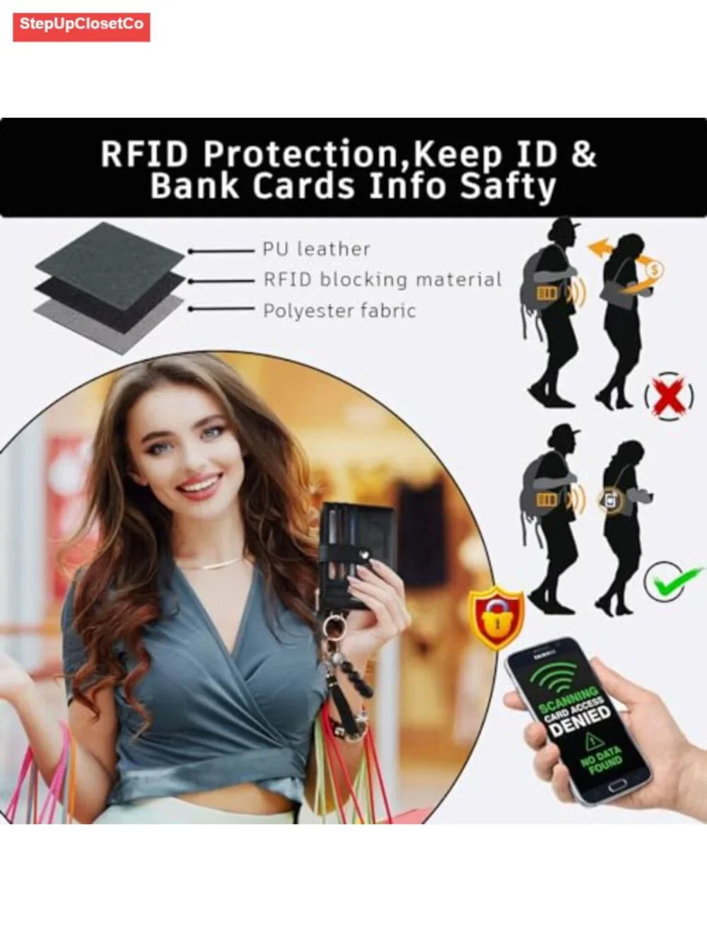 Silicone Beaded Bracelet Keychain Wristlet Wallet RFID Card Holder with Zipper